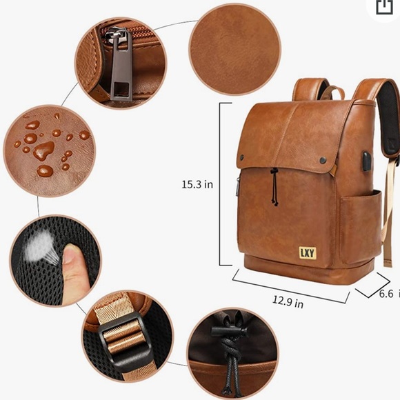 LXY Vegan Leather Bookbag W/USB Charging Port. Vintage W/drawstring Closure - Picture 10 of 10